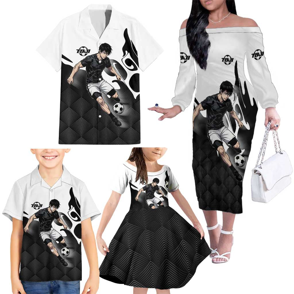 Personalized Toji Fushiguro Jujutsu Kaisen Soccer Theme Family Matching Off The Shoulder Long Sleeve Dress and Hawaiian Shirt with Dribbling Pose and Monochrome Black White Flame Graphic Design