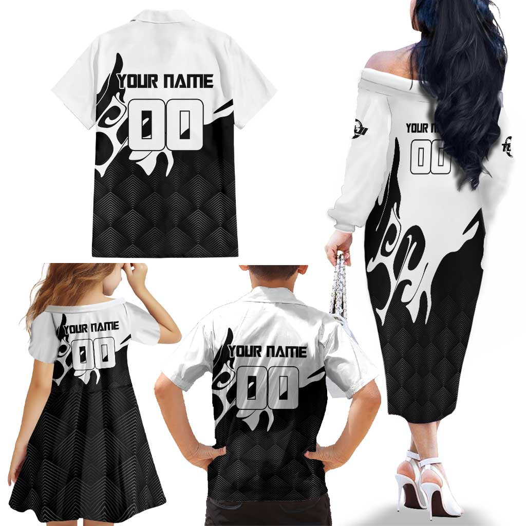 Personalized Toji Fushiguro Jujutsu Kaisen Soccer Theme Family Matching Off The Shoulder Long Sleeve Dress and Hawaiian Shirt with Dribbling Pose and Monochrome Black White Flame Graphic Design