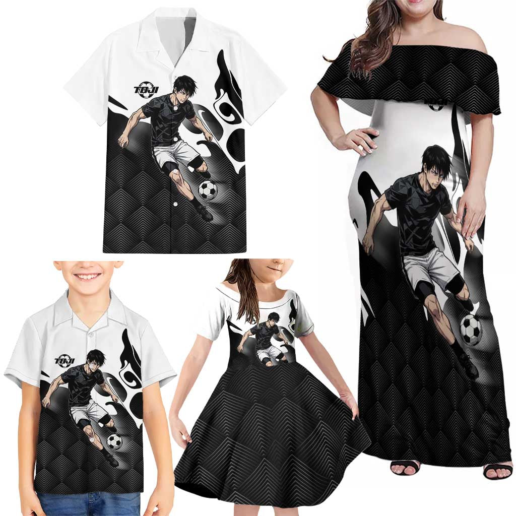 Personalized Toji Fushiguro Jujutsu Kaisen Soccer Theme Family Matching Off Shoulder Maxi Dress and Hawaiian Shirt with Dribbling Pose and Monochrome Black White Flame Graphic Design
