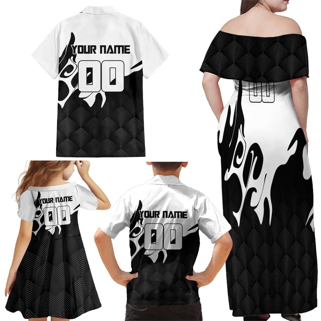 Personalized Toji Fushiguro Jujutsu Kaisen Soccer Theme Family Matching Off Shoulder Maxi Dress and Hawaiian Shirt with Dribbling Pose and Monochrome Black White Flame Graphic Design
