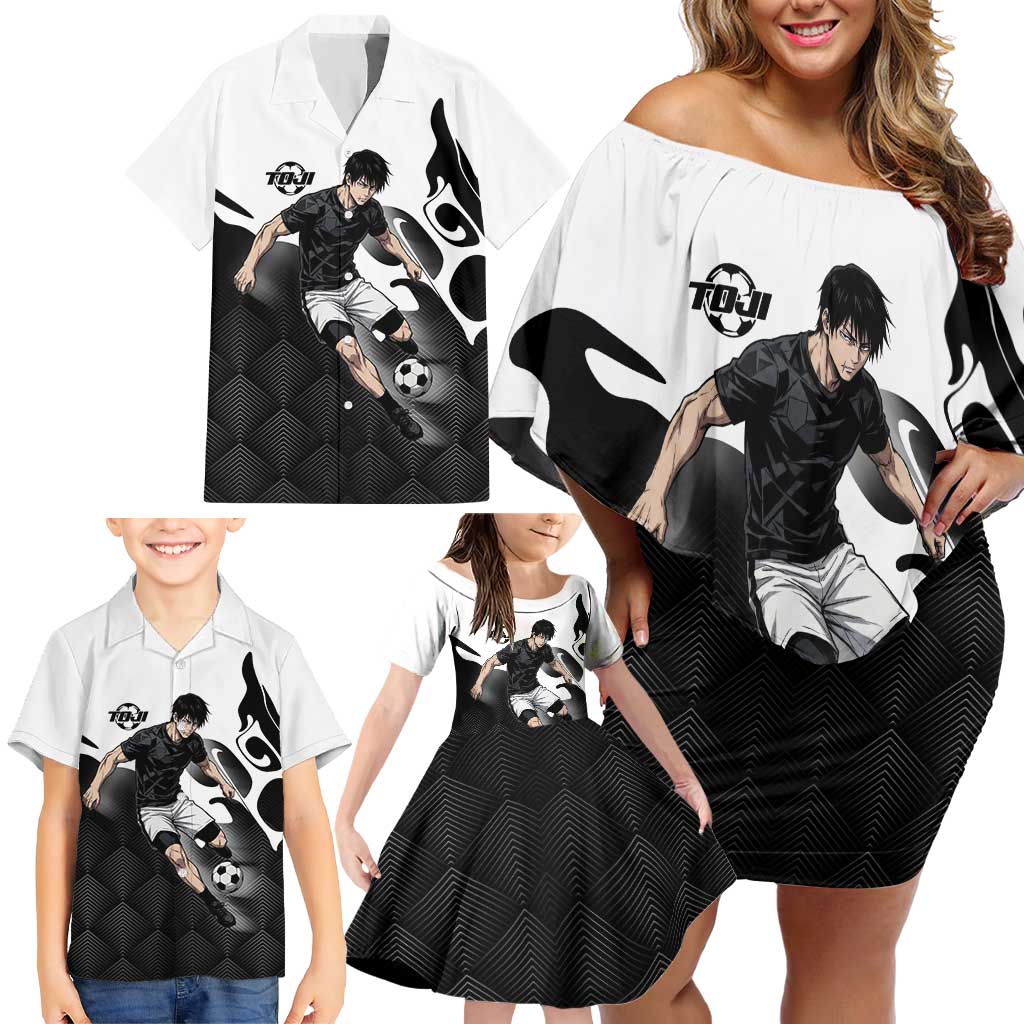 Personalized Toji Fushiguro Jujutsu Kaisen Soccer Theme Family Matching Off Shoulder Short Dress and Hawaiian Shirt with Dribbling Pose and Monochrome Black White Flame Graphic Design