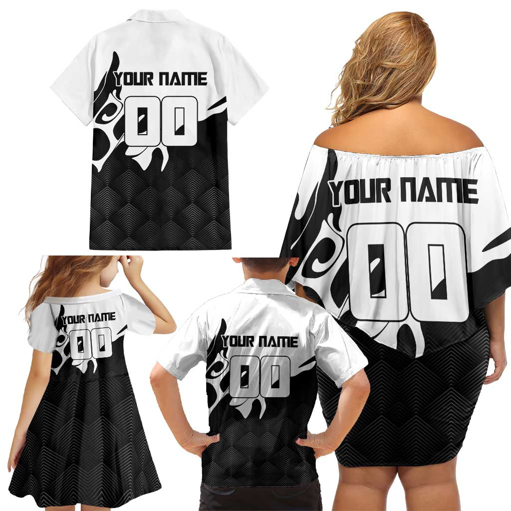 Personalized Toji Fushiguro Jujutsu Kaisen Soccer Theme Family Matching Off Shoulder Short Dress and Hawaiian Shirt with Dribbling Pose and Monochrome Black White Flame Graphic Design
