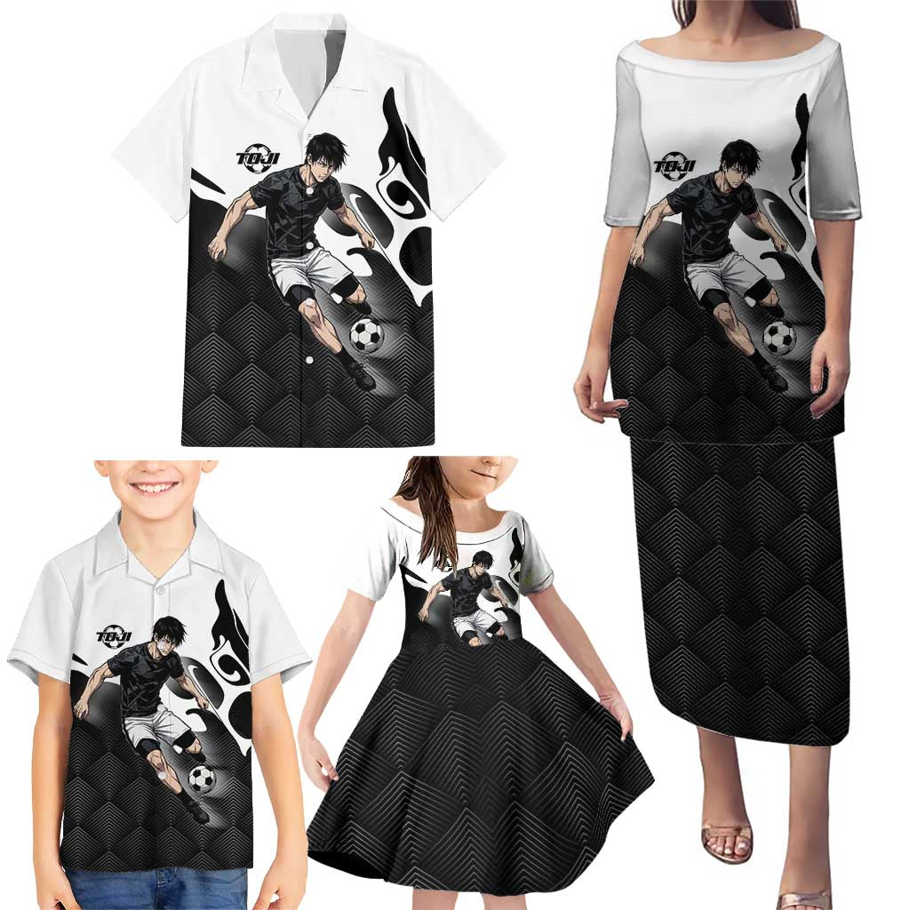 Personalized Toji Fushiguro Jujutsu Kaisen Soccer Theme Family Matching Puletasi and Hawaiian Shirt with Dribbling Pose and Monochrome Black White Flame Graphic Design