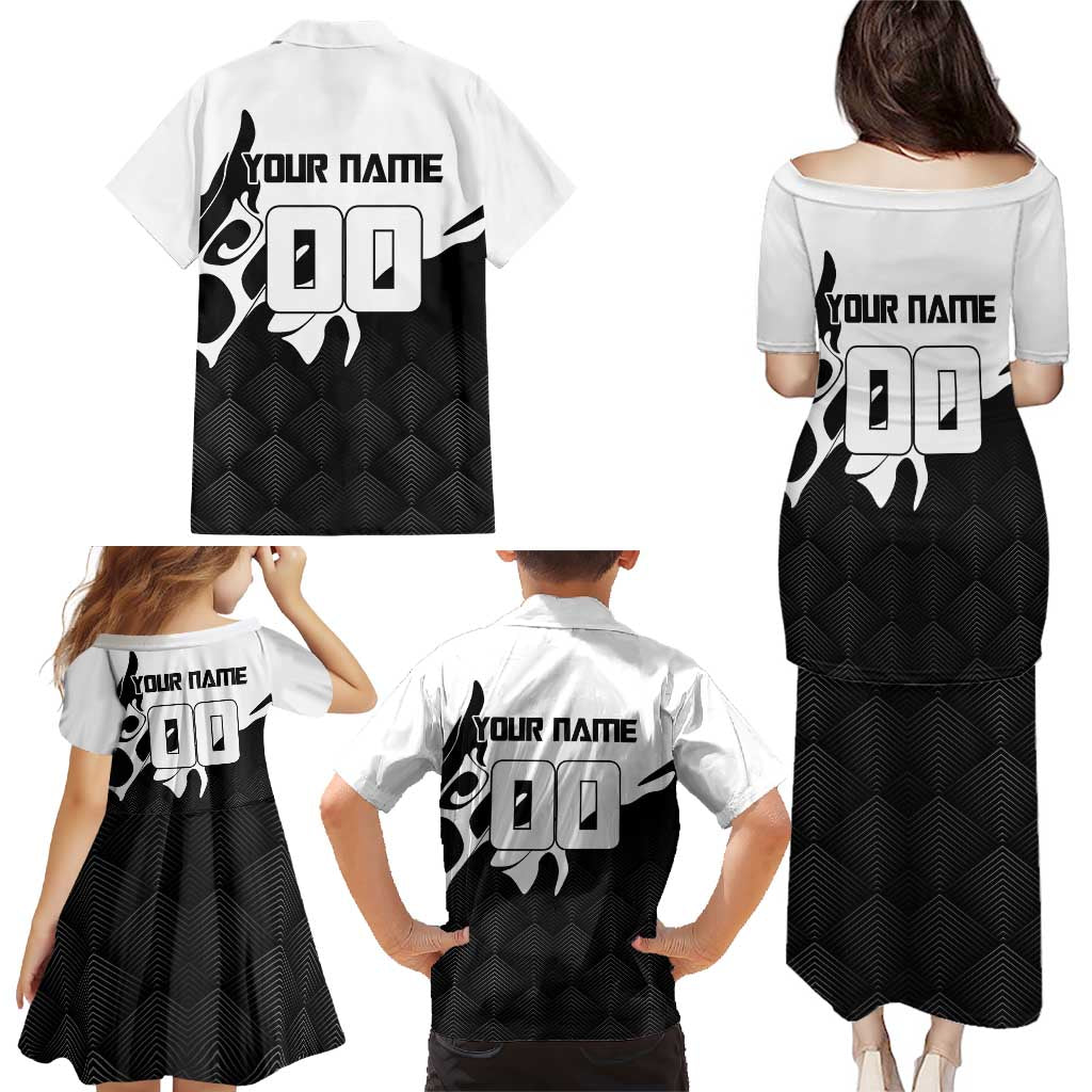 Personalized Toji Fushiguro Jujutsu Kaisen Soccer Theme Family Matching Puletasi and Hawaiian Shirt with Dribbling Pose and Monochrome Black White Flame Graphic Design
