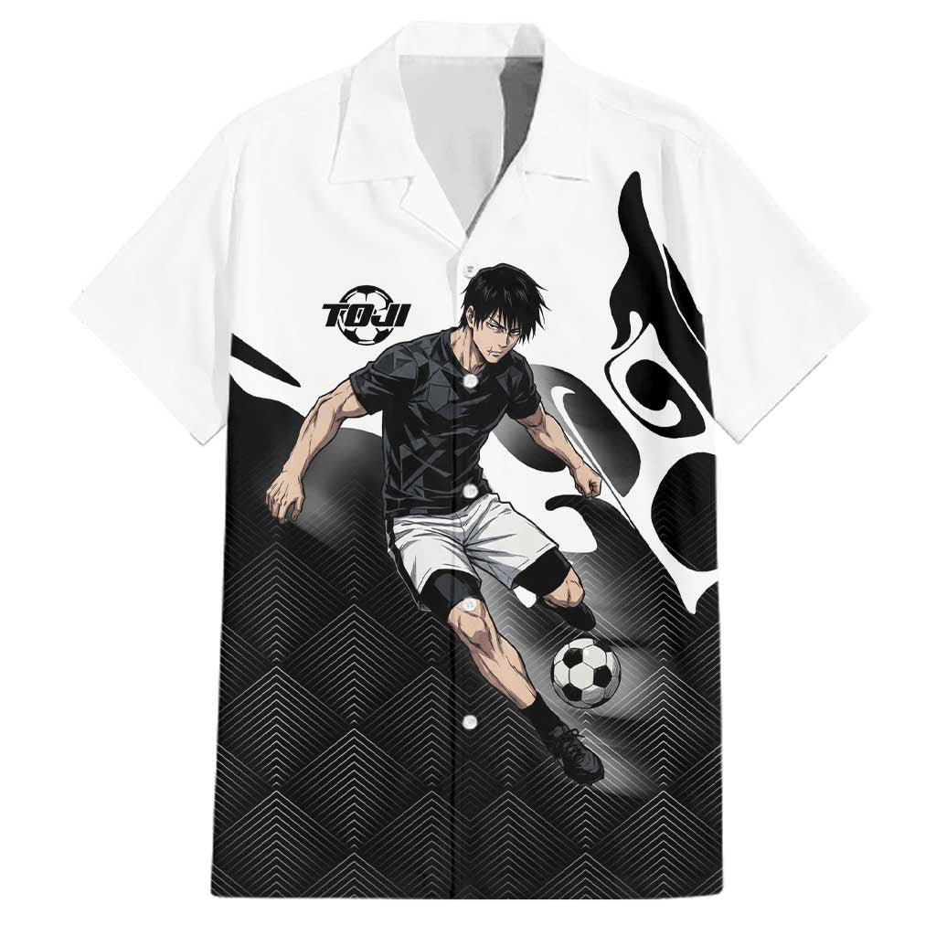 Personalized Toji Fushiguro Jujutsu Kaisen Soccer Theme Family Matching Puletasi and Hawaiian Shirt with Dribbling Pose and Monochrome Black White Flame Graphic Design