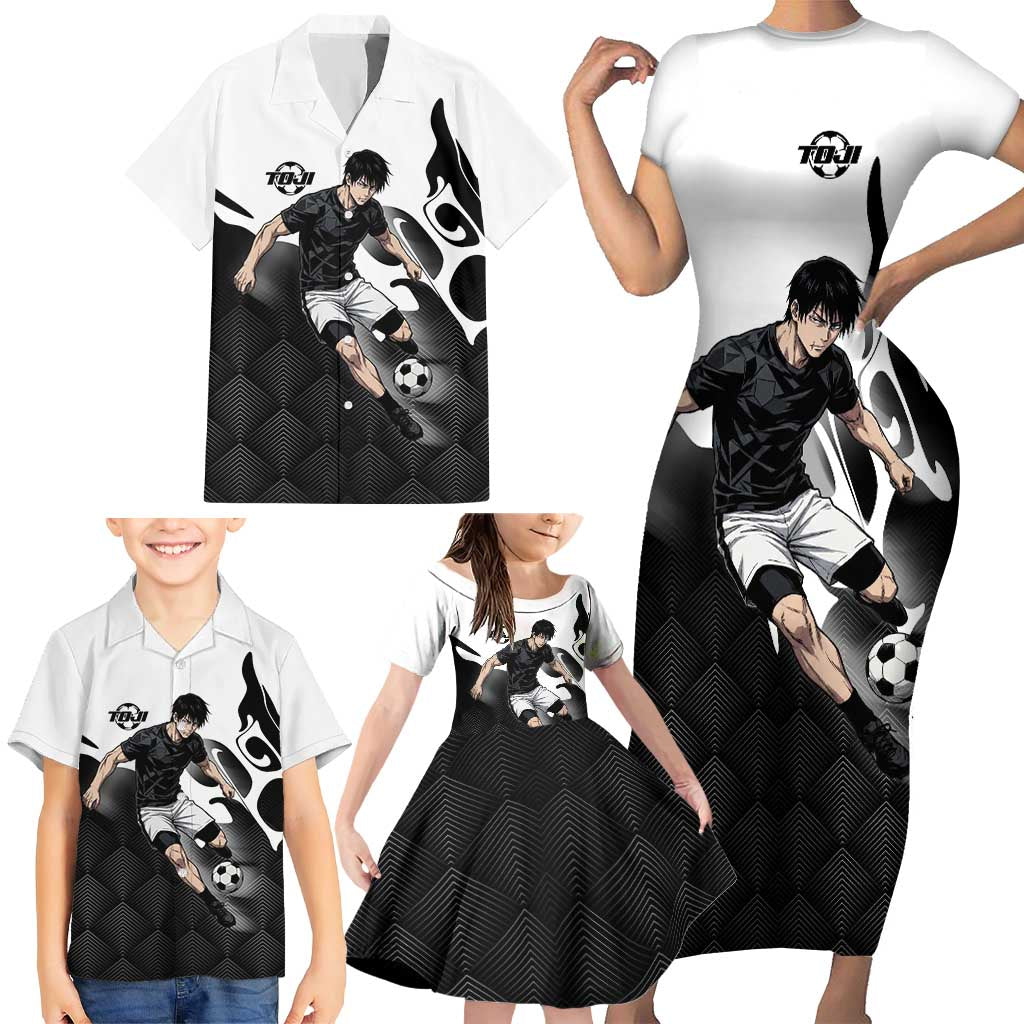 Personalized Toji Fushiguro Jujutsu Kaisen Soccer Theme Family Matching Short Sleeve Bodycon Dress and Hawaiian Shirt with Dribbling Pose and Monochrome Black White Flame Graphic Design