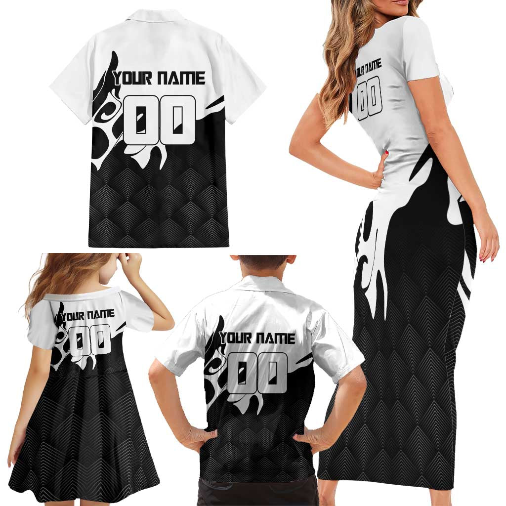 Personalized Toji Fushiguro Jujutsu Kaisen Soccer Theme Family Matching Short Sleeve Bodycon Dress and Hawaiian Shirt with Dribbling Pose and Monochrome Black White Flame Graphic Design