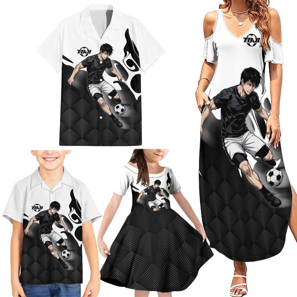 Personalized Toji Fushiguro Jujutsu Kaisen Soccer Theme Family Matching Summer Maxi Dress and Hawaiian Shirt with Dribbling Pose and Monochrome Black White Flame Graphic Design