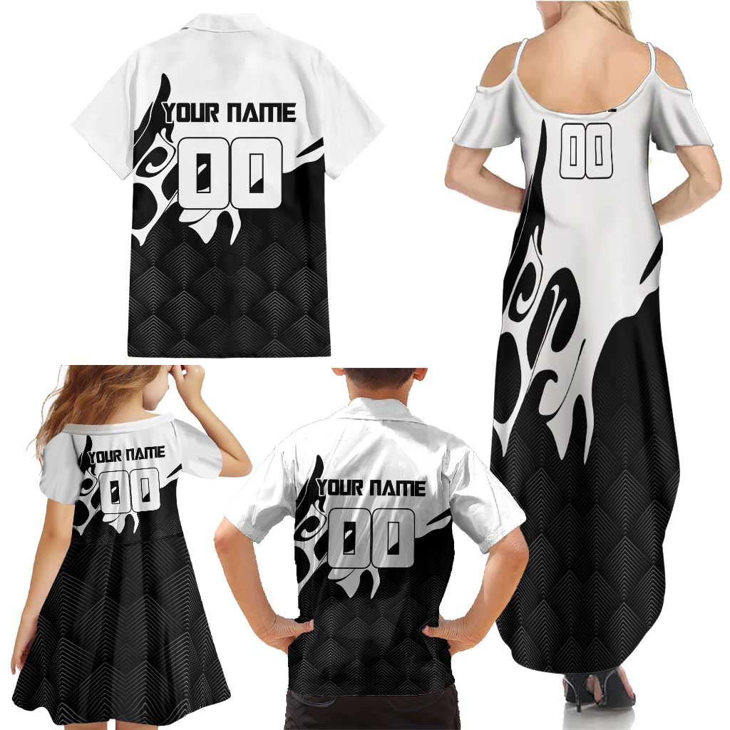 Personalized Toji Fushiguro Jujutsu Kaisen Soccer Theme Family Matching Summer Maxi Dress and Hawaiian Shirt with Dribbling Pose and Monochrome Black White Flame Graphic Design