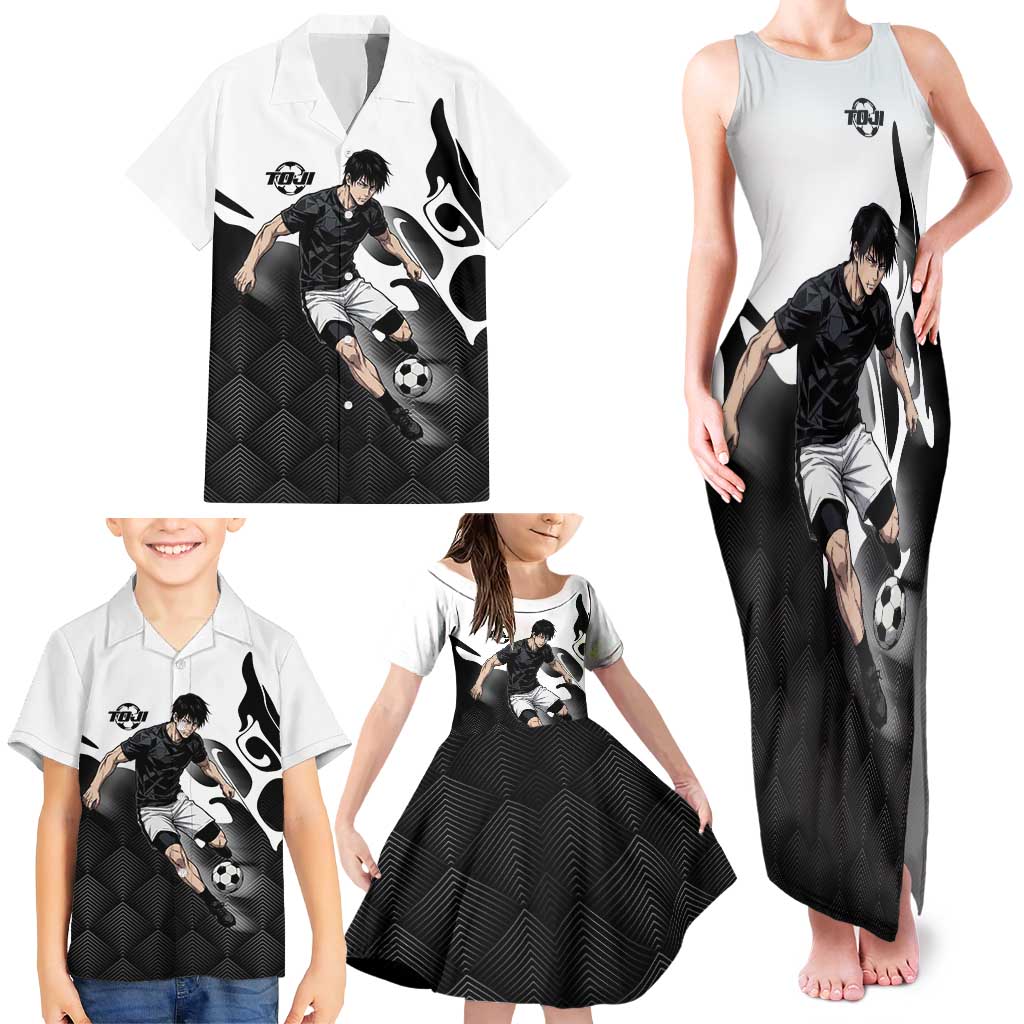 Personalized Toji Fushiguro Jujutsu Kaisen Soccer Theme Family Matching Tank Maxi Dress and Hawaiian Shirt with Dribbling Pose and Monochrome Black White Flame Graphic Design
