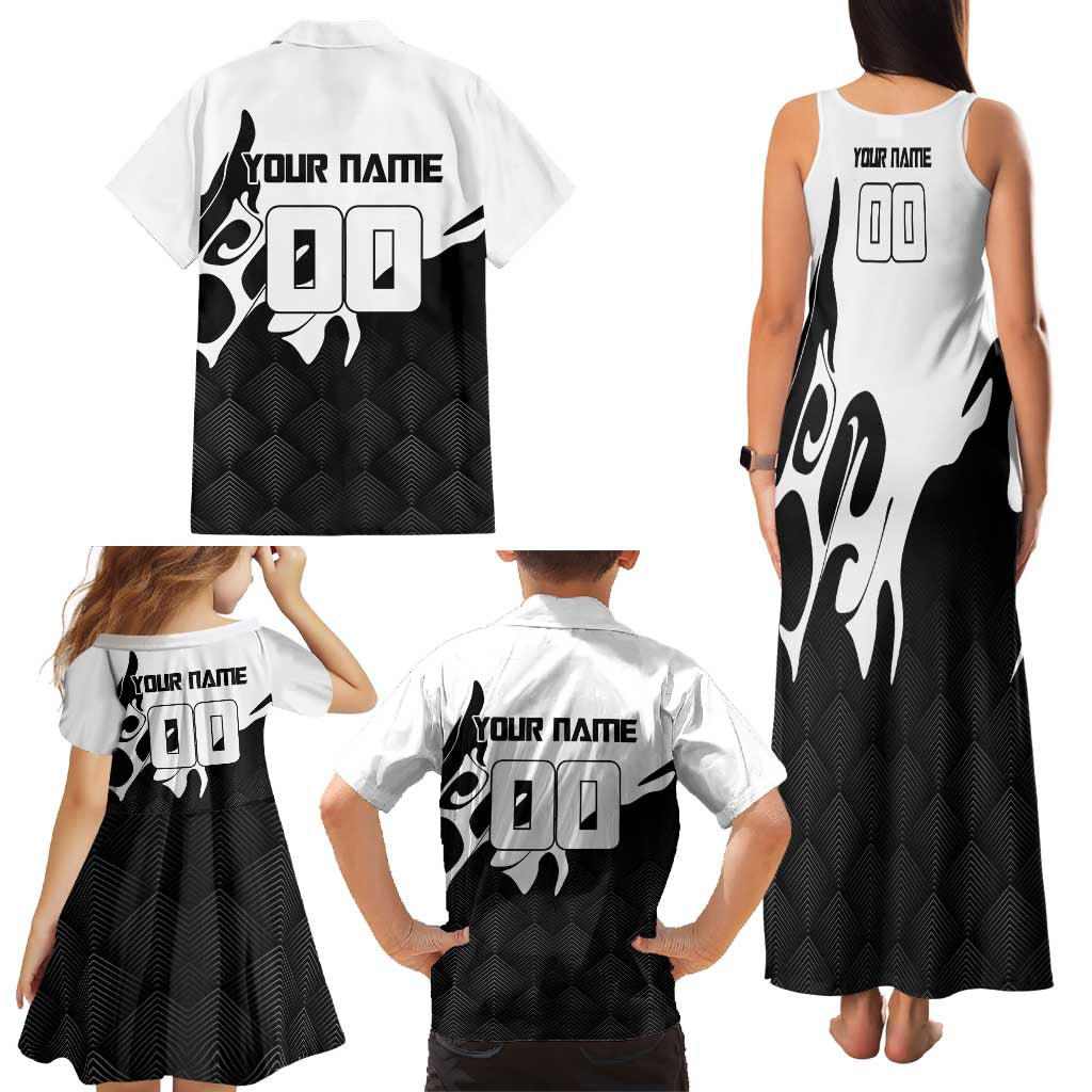 Personalized Toji Fushiguro Jujutsu Kaisen Soccer Theme Family Matching Tank Maxi Dress and Hawaiian Shirt with Dribbling Pose and Monochrome Black White Flame Graphic Design