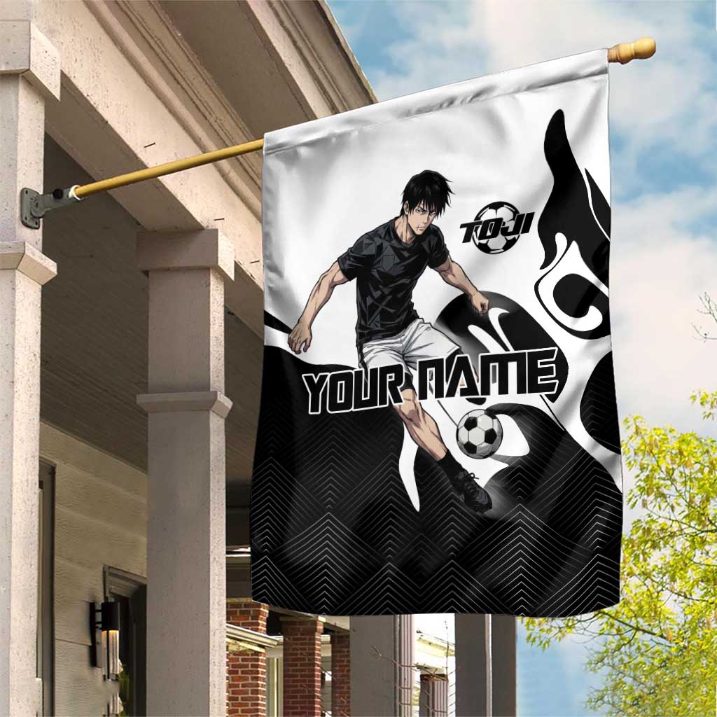 Personalized Toji Fushiguro Jujutsu Kaisen Soccer Theme Garden Flag with Dribbling Pose and Monochrome Black White Flame Graphic Design - The Mazicc