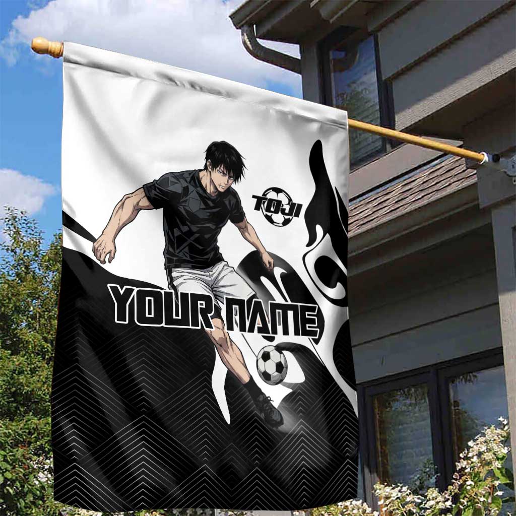 Personalized Toji Fushiguro Jujutsu Kaisen Soccer Theme Garden Flag with Dribbling Pose and Monochrome Black White Flame Graphic Design - The Mazicc