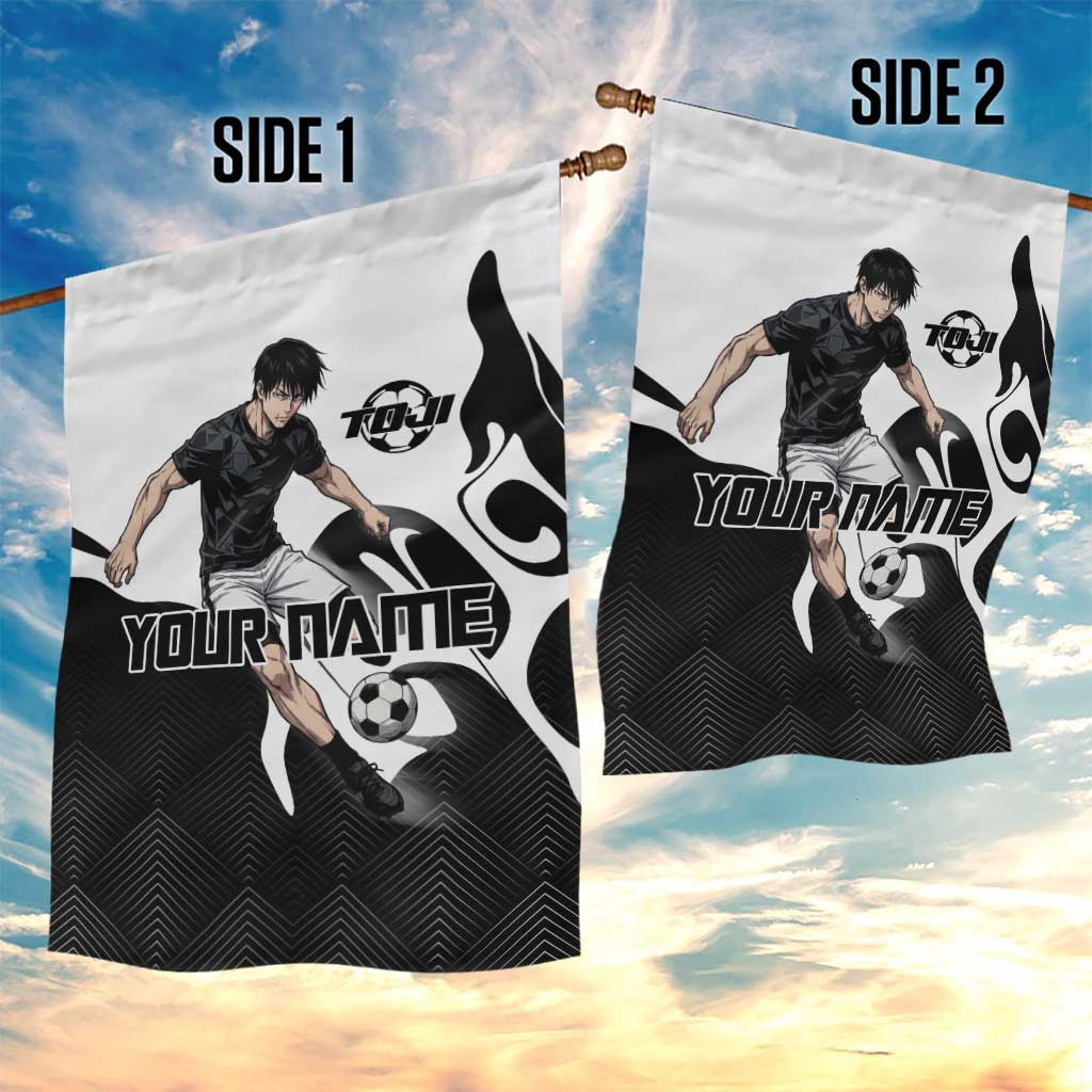 Personalized Toji Fushiguro Jujutsu Kaisen Soccer Theme Garden Flag with Dribbling Pose and Monochrome Black White Flame Graphic Design - The Mazicc