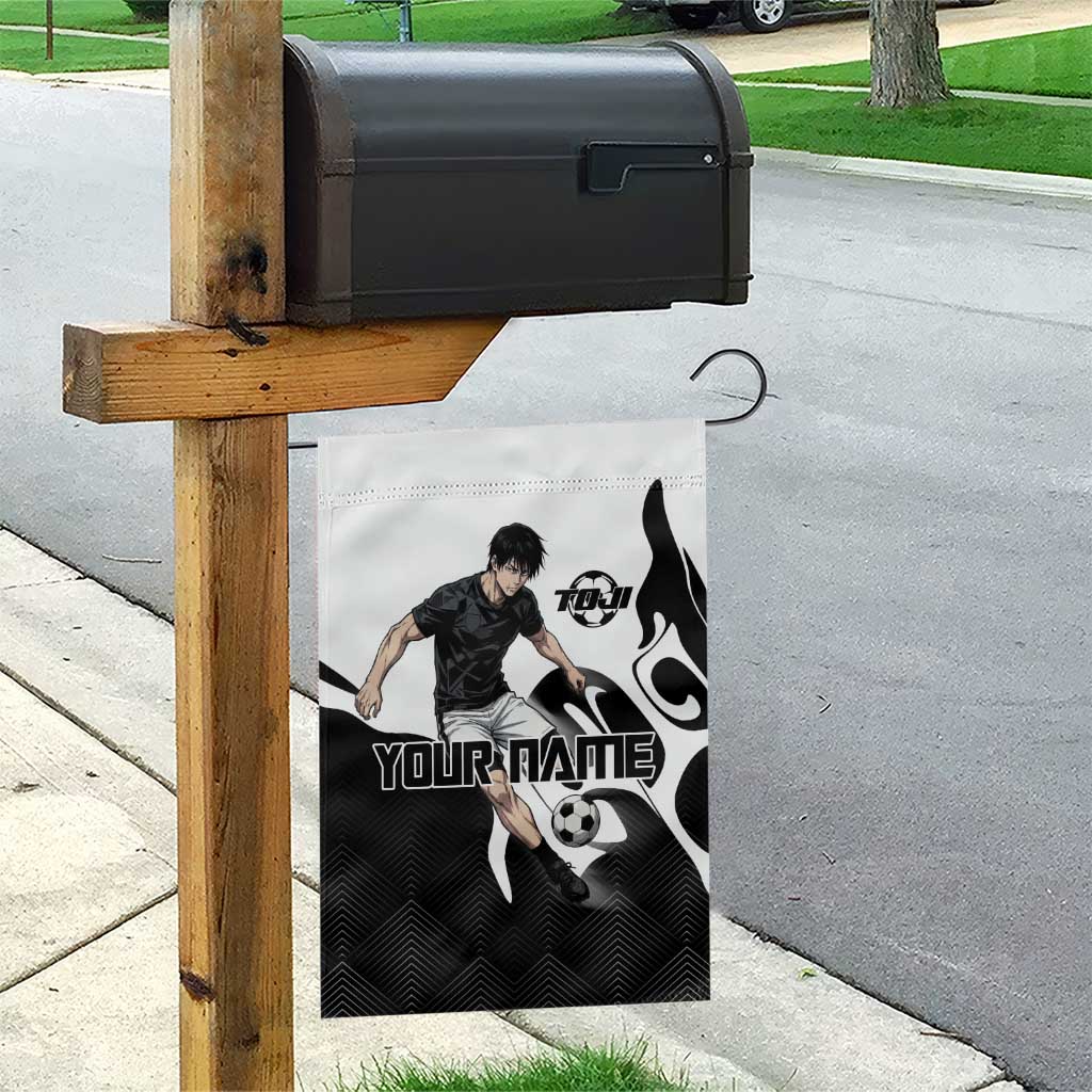 Personalized Toji Fushiguro Jujutsu Kaisen Soccer Theme Garden Flag with Dribbling Pose and Monochrome Black White Flame Graphic Design - The Mazicc