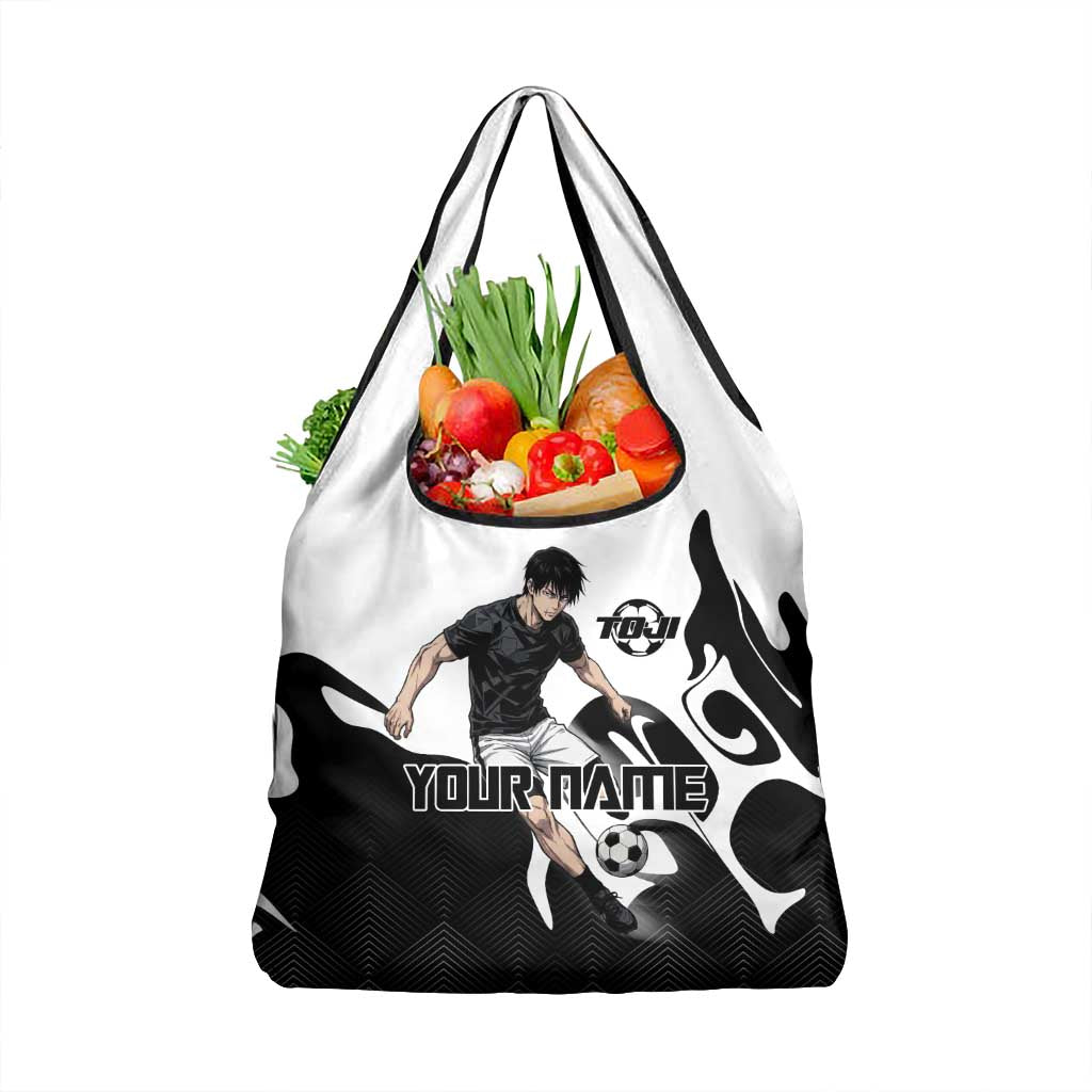 Personalized Toji Fushiguro Jujutsu Kaisen Soccer Theme Grocery Bag with Dribbling Pose and Monochrome Black White Flame Graphic Design - The Mazicc