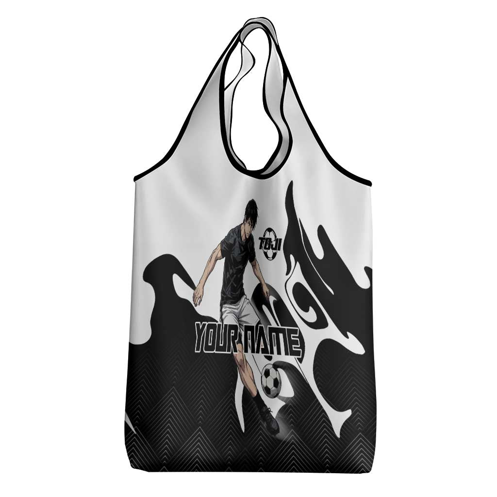 Personalized Toji Fushiguro Jujutsu Kaisen Soccer Theme Grocery Bag with Dribbling Pose and Monochrome Black White Flame Graphic Design - The Mazicc