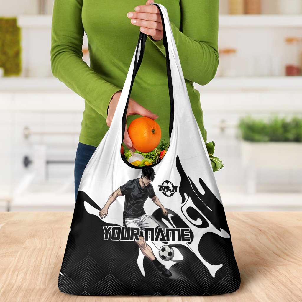 Personalized Toji Fushiguro Jujutsu Kaisen Soccer Theme Grocery Bag with Dribbling Pose and Monochrome Black White Flame Graphic Design - The Mazicc