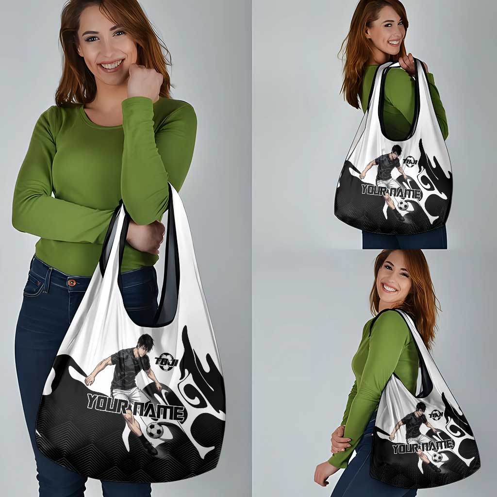Personalized Toji Fushiguro Jujutsu Kaisen Soccer Theme Grocery Bag with Dribbling Pose and Monochrome Black White Flame Graphic Design - The Mazicc