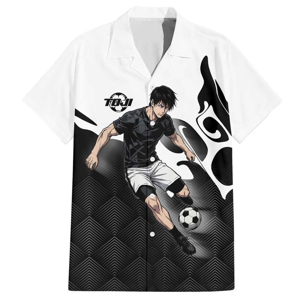 Personalized Toji Fushiguro Jujutsu Kaisen Soccer Theme Hawaiian Shirt with Dribbling Pose and Monochrome Black White Flame Graphic Design - The Mazicc