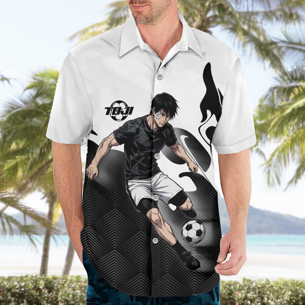 Personalized Toji Fushiguro Jujutsu Kaisen Soccer Theme Hawaiian Shirt with Dribbling Pose and Monochrome Black White Flame Graphic Design - The Mazicc