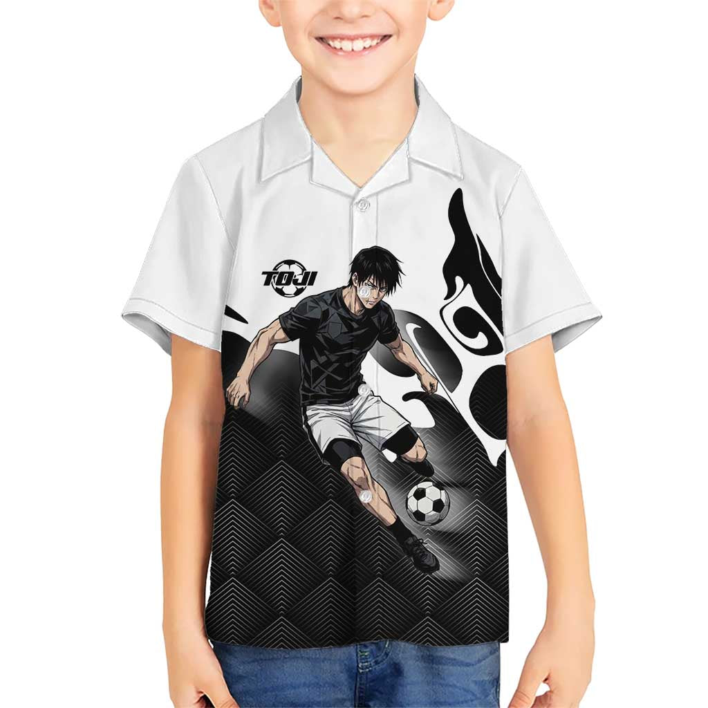 Personalized Toji Fushiguro Jujutsu Kaisen Soccer Theme Hawaiian Shirt with Dribbling Pose and Monochrome Black White Flame Graphic Design - The Mazicc