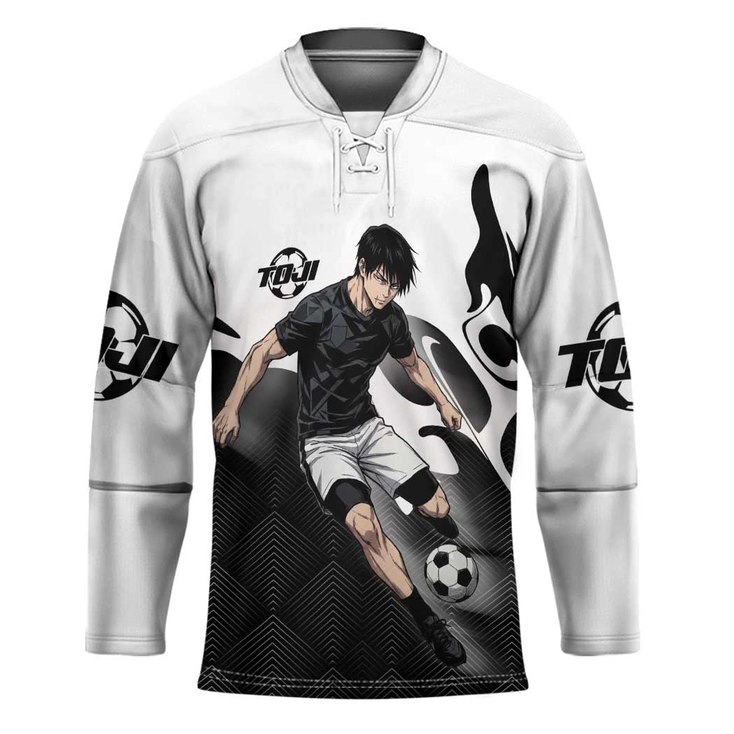 Personalized Toji Fushiguro Jujutsu Kaisen Soccer Theme Hockey Jersey with Dribbling Pose and Monochrome Black White Flame Graphic Design - The Mazicc