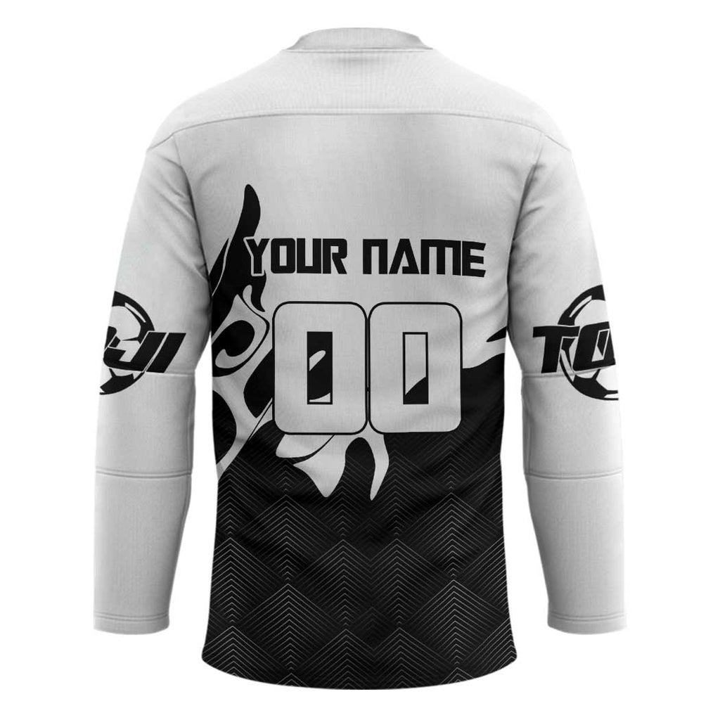 Personalized Toji Fushiguro Jujutsu Kaisen Soccer Theme Hockey Jersey with Dribbling Pose and Monochrome Black White Flame Graphic Design - The Mazicc