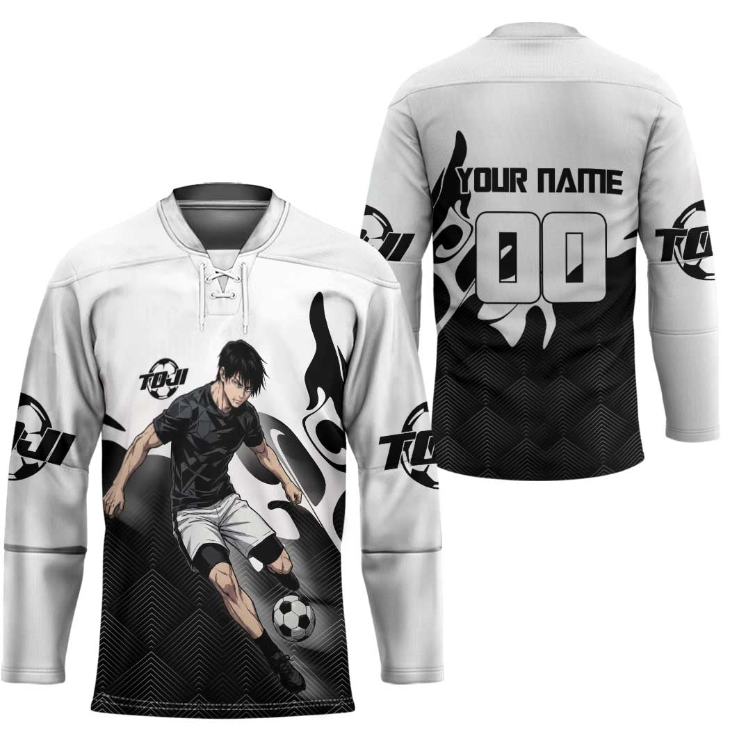 Personalized Toji Fushiguro Jujutsu Kaisen Soccer Theme Hockey Jersey with Dribbling Pose and Monochrome Black White Flame Graphic Design - The Mazicc