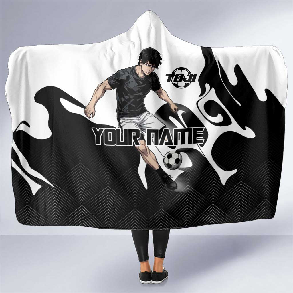 Personalized Toji Fushiguro Jujutsu Kaisen Soccer Theme Hooded Blanket with Dribbling Pose and Monochrome Black White Flame Graphic Design - The Mazicc