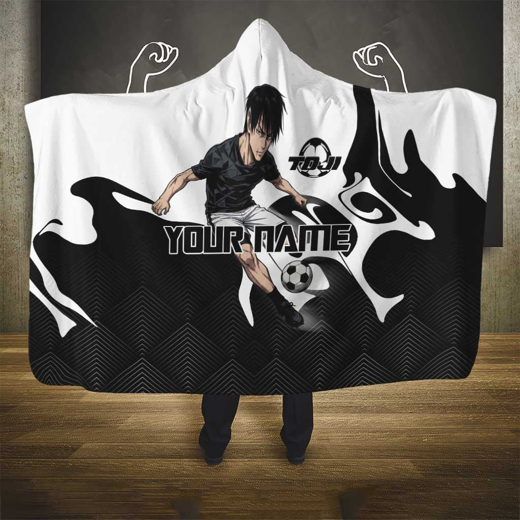 Personalized Toji Fushiguro Jujutsu Kaisen Soccer Theme Hooded Blanket with Dribbling Pose and Monochrome Black White Flame Graphic Design - The Mazicc