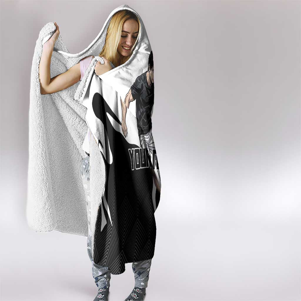 Personalized Toji Fushiguro Jujutsu Kaisen Soccer Theme Hooded Blanket with Dribbling Pose and Monochrome Black White Flame Graphic Design - The Mazicc