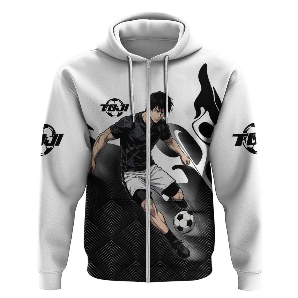 Personalized Toji Fushiguro Jujutsu Kaisen Soccer Theme Hoodie with Dribbling Pose and Monochrome Black White Flame Graphic Design - The Mazicc