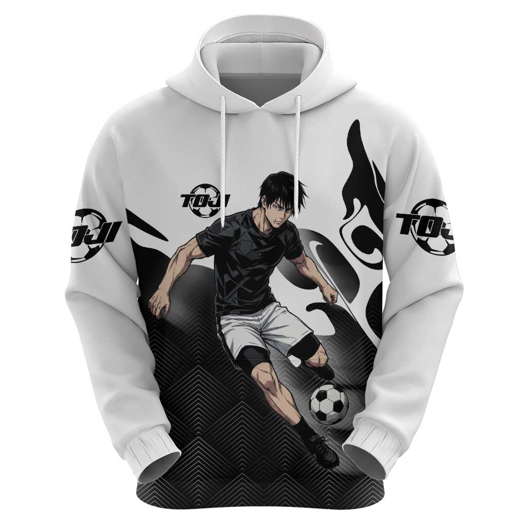 Personalized Toji Fushiguro Jujutsu Kaisen Soccer Theme Hoodie with Dribbling Pose and Monochrome Black White Flame Graphic Design - The Mazicc