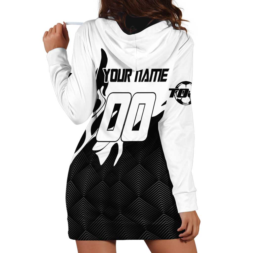 Personalized Toji Fushiguro Jujutsu Kaisen Soccer Theme Hoodie Dress with Dribbling Pose and Monochrome Black White Flame Graphic Design - The Mazicc