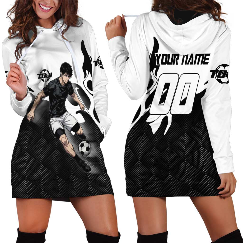 Personalized Toji Fushiguro Jujutsu Kaisen Soccer Theme Hoodie Dress with Dribbling Pose and Monochrome Black White Flame Graphic Design - The Mazicc
