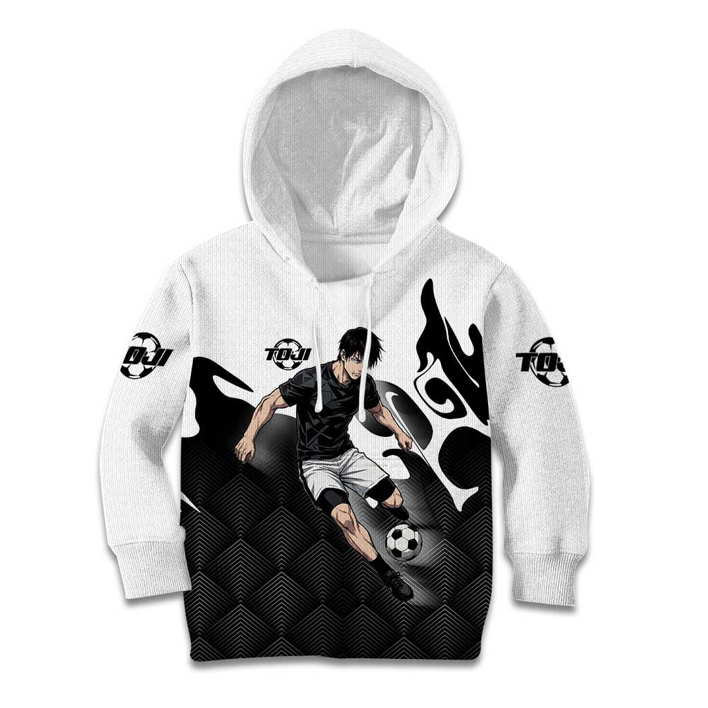 Personalized Toji Fushiguro Jujutsu Kaisen Soccer Theme Kid Hoodie with Dribbling Pose and Monochrome Black White Flame Graphic Design - The Mazicc