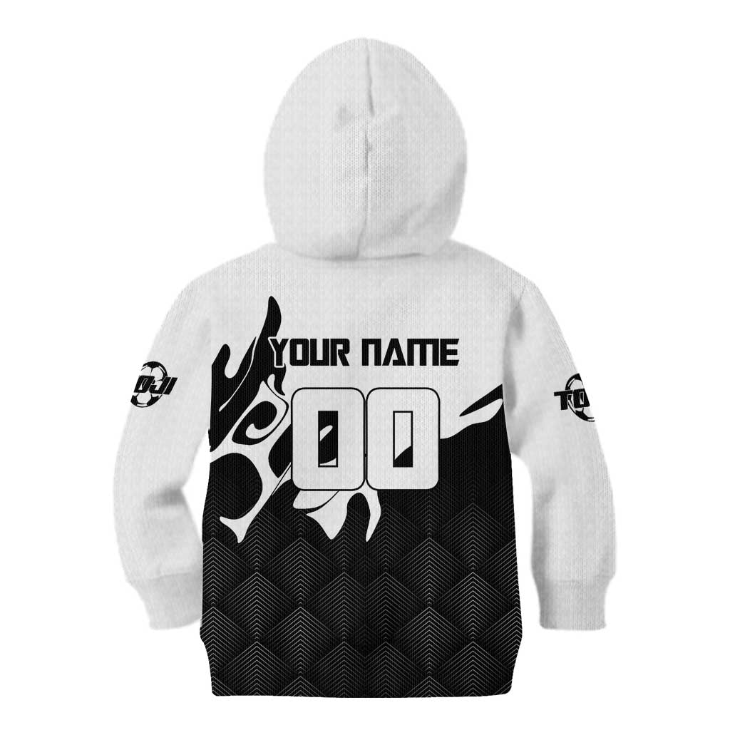 Personalized Toji Fushiguro Jujutsu Kaisen Soccer Theme Kid Hoodie with Dribbling Pose and Monochrome Black White Flame Graphic Design - The Mazicc