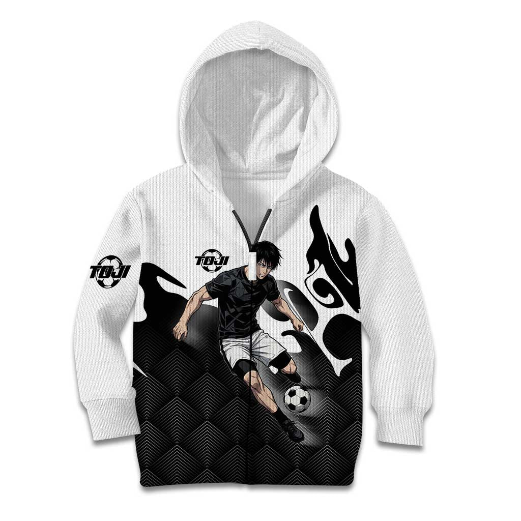 Personalized Toji Fushiguro Jujutsu Kaisen Soccer Theme Kid Hoodie with Dribbling Pose and Monochrome Black White Flame Graphic Design - The Mazicc