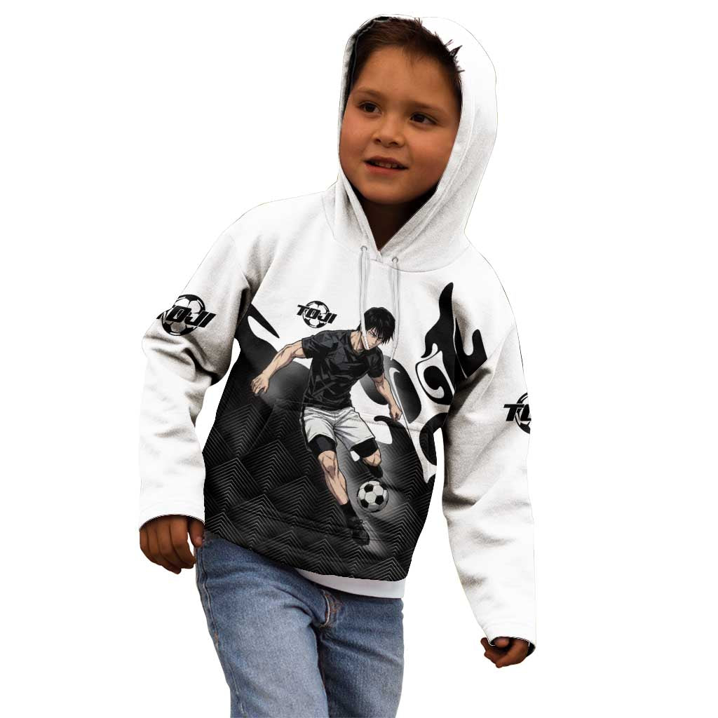 Personalized Toji Fushiguro Jujutsu Kaisen Soccer Theme Kid Hoodie with Dribbling Pose and Monochrome Black White Flame Graphic Design - The Mazicc
