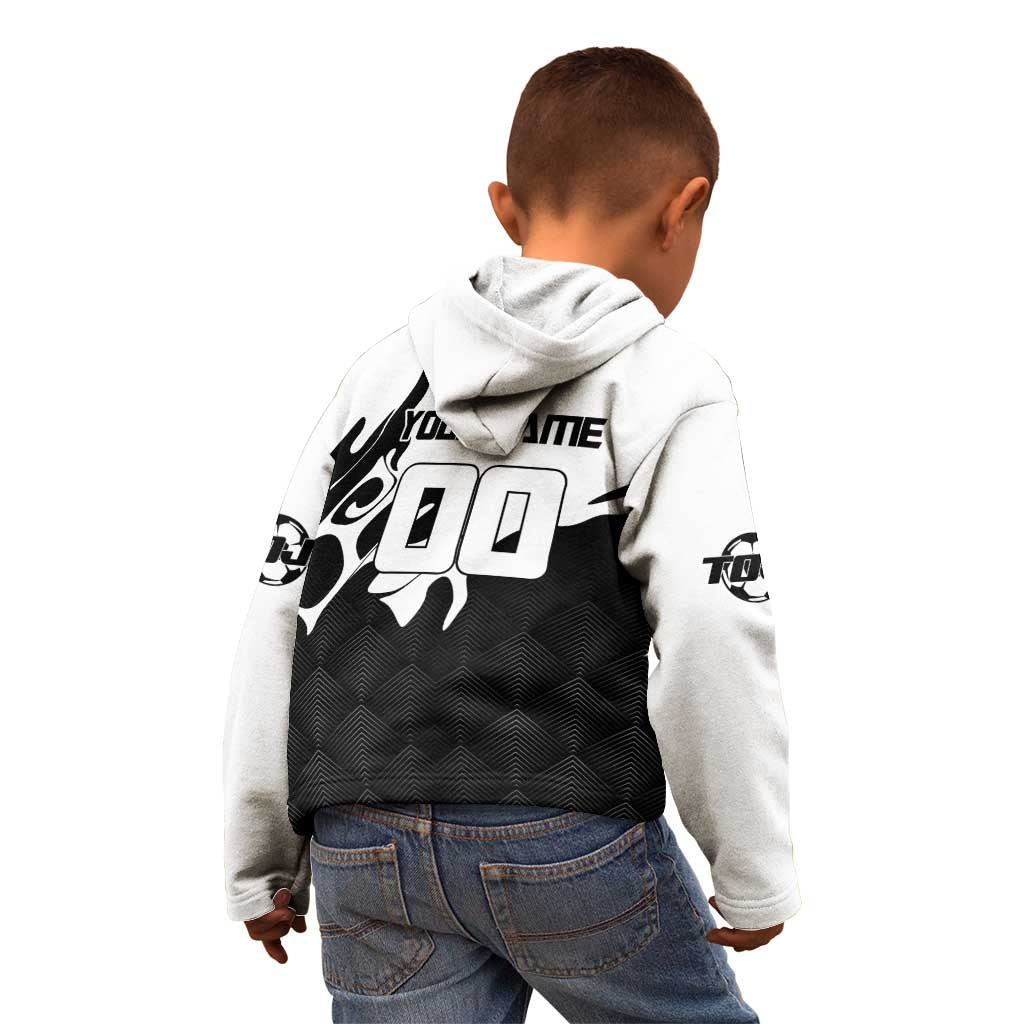 Personalized Toji Fushiguro Jujutsu Kaisen Soccer Theme Kid Hoodie with Dribbling Pose and Monochrome Black White Flame Graphic Design - The Mazicc