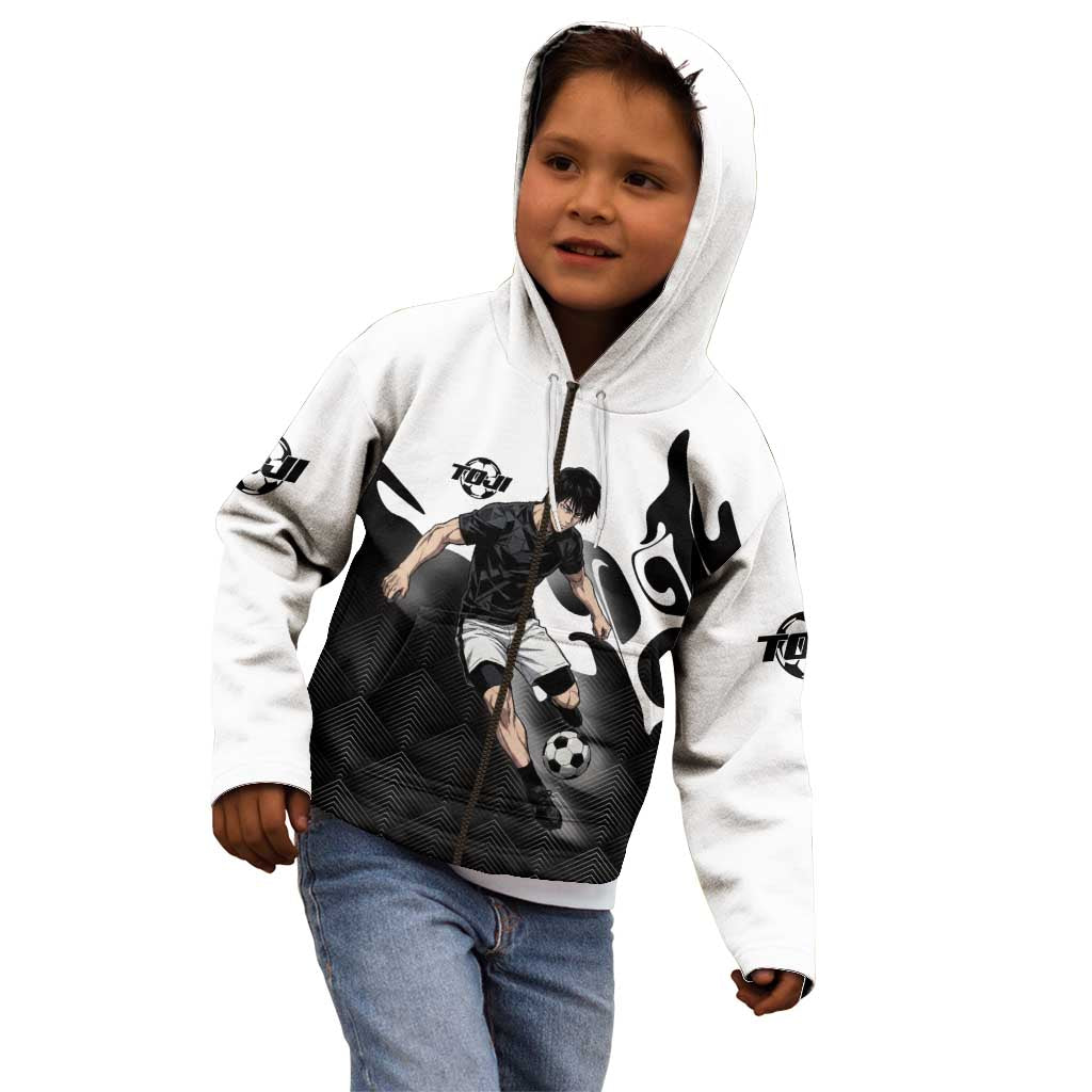 Personalized Toji Fushiguro Jujutsu Kaisen Soccer Theme Kid Hoodie with Dribbling Pose and Monochrome Black White Flame Graphic Design - The Mazicc