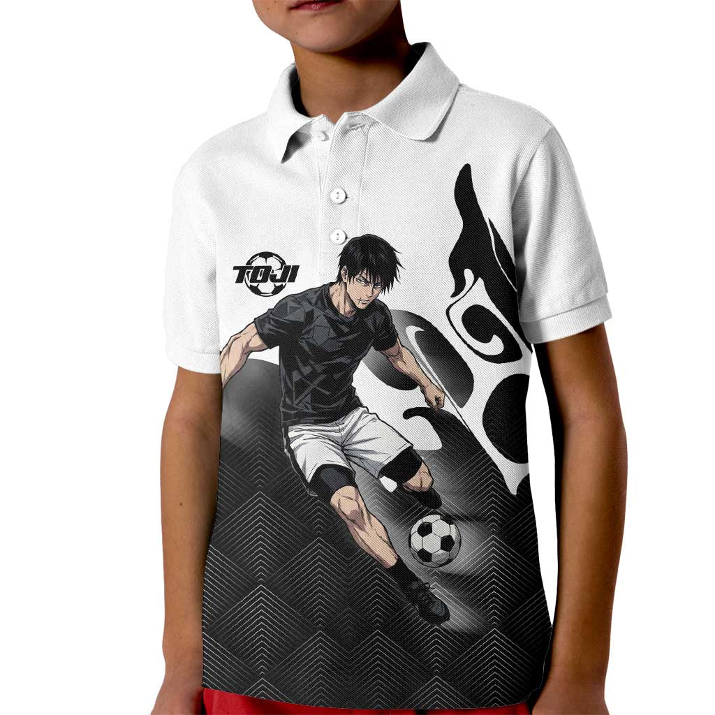 Personalized Toji Fushiguro Jujutsu Kaisen Soccer Theme Kid Polo Shirt with Dribbling Pose and Monochrome Black White Flame Graphic Design - The Mazicc