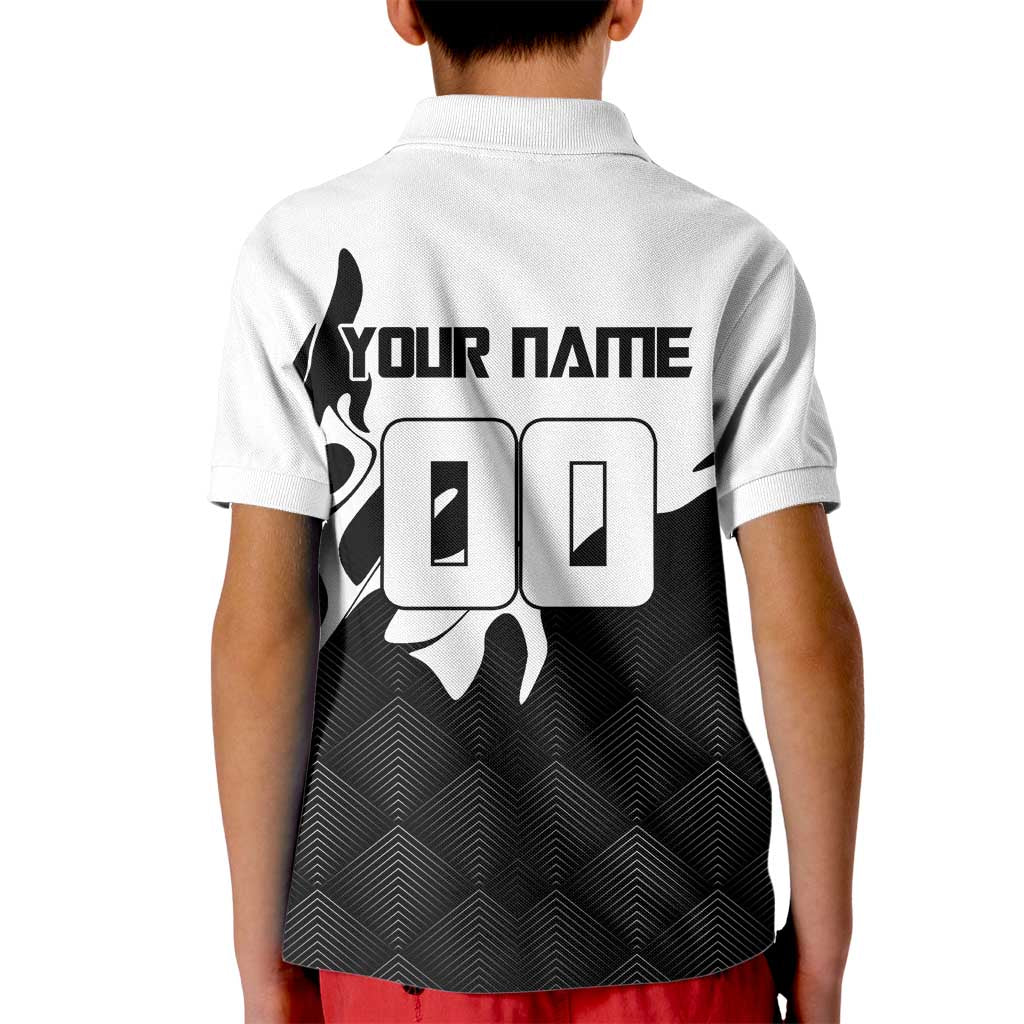 Personalized Toji Fushiguro Jujutsu Kaisen Soccer Theme Kid Polo Shirt with Dribbling Pose and Monochrome Black White Flame Graphic Design - The Mazicc