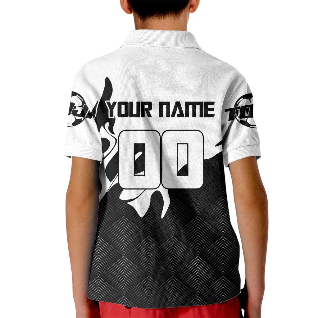 Personalized Toji Fushiguro Jujutsu Kaisen Soccer Theme Kid Polo Shirt with Dribbling Pose and Monochrome Black White Flame Graphic Design - The Mazicc