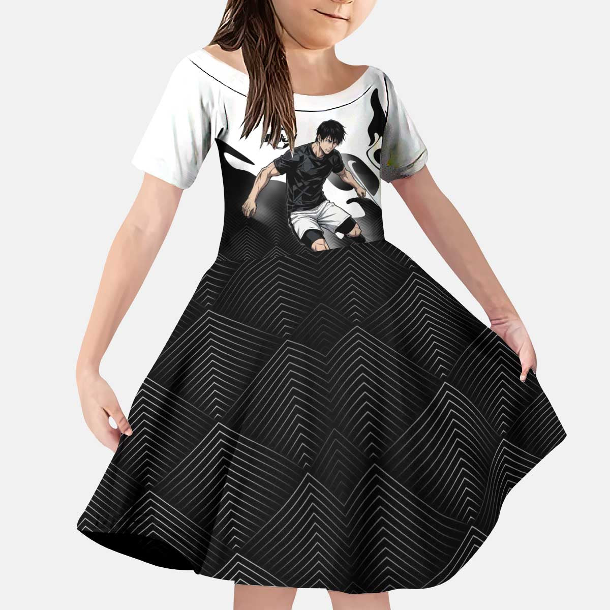 Personalized Toji Fushiguro Jujutsu Kaisen Soccer Theme Kid Short Sleeve Dress with Dribbling Pose and Monochrome Black White Flame Graphic Design - The Mazicc