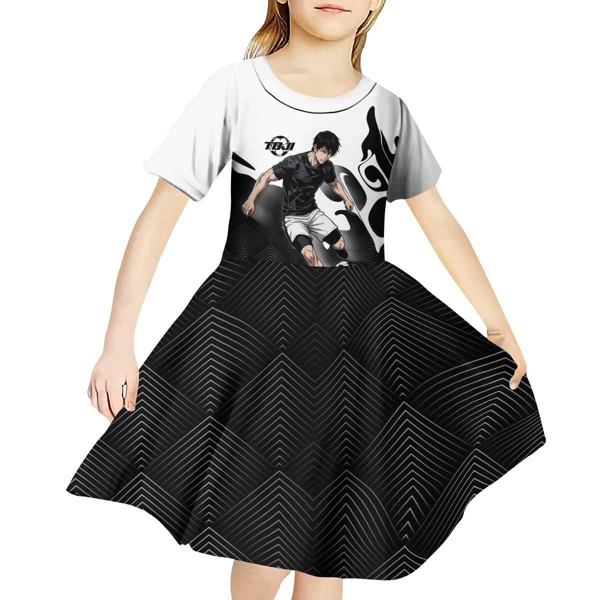 Personalized Toji Fushiguro Jujutsu Kaisen Soccer Theme Kid Short Sleeve Dress with Dribbling Pose and Monochrome Black White Flame Graphic Design - The Mazicc
