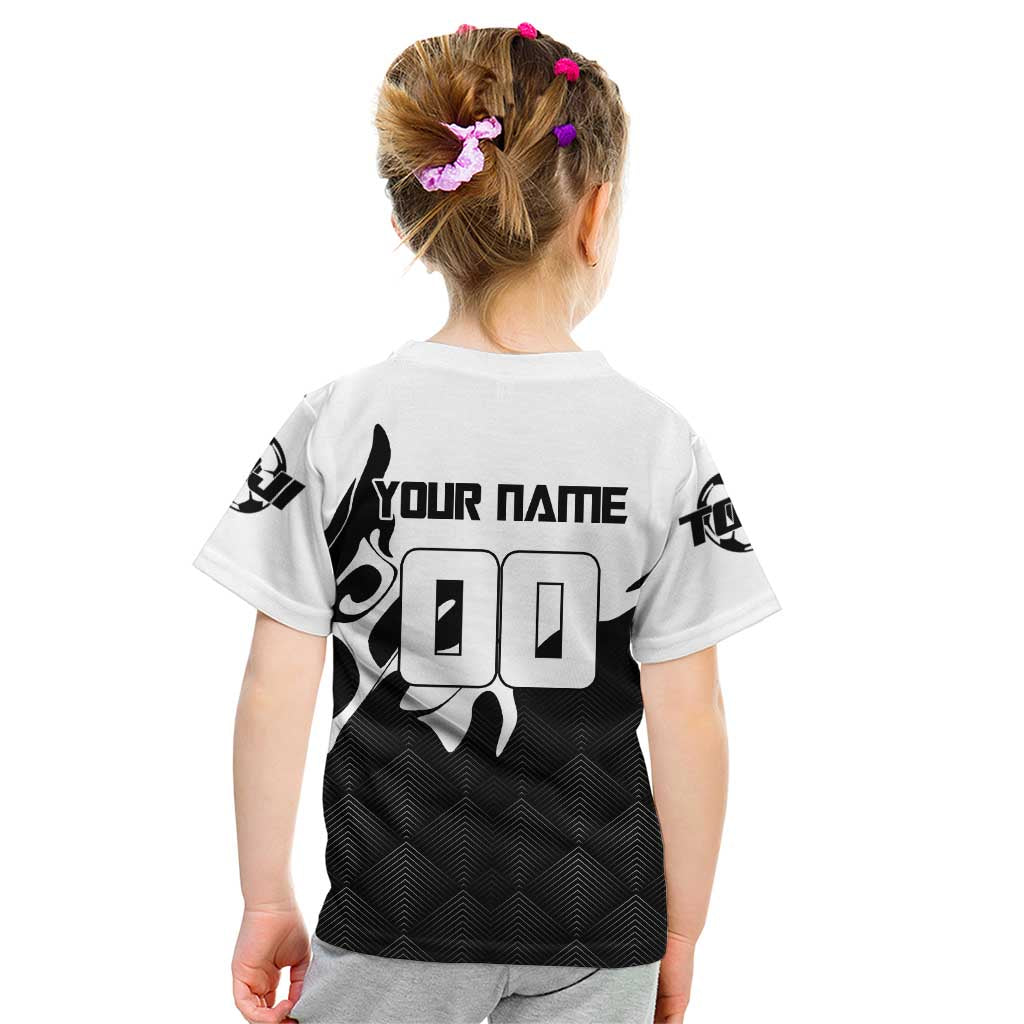 Personalized Toji Fushiguro Jujutsu Kaisen Soccer Theme Kid T Shirt with Dribbling Pose and Monochrome Black White Flame Graphic Design - The Mazicc