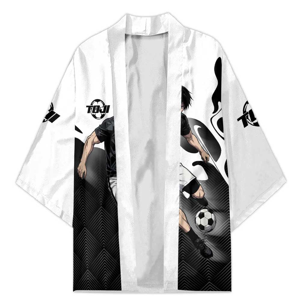 Personalized Toji Fushiguro Jujutsu Kaisen Soccer Theme Kimono with Dribbling Pose and Monochrome Black White Flame Graphic Design - The Mazicc