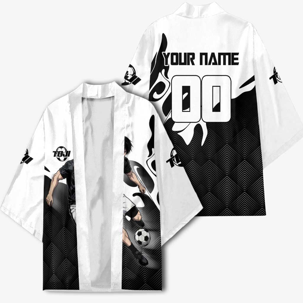 Personalized Toji Fushiguro Jujutsu Kaisen Soccer Theme Kimono with Dribbling Pose and Monochrome Black White Flame Graphic Design - The Mazicc